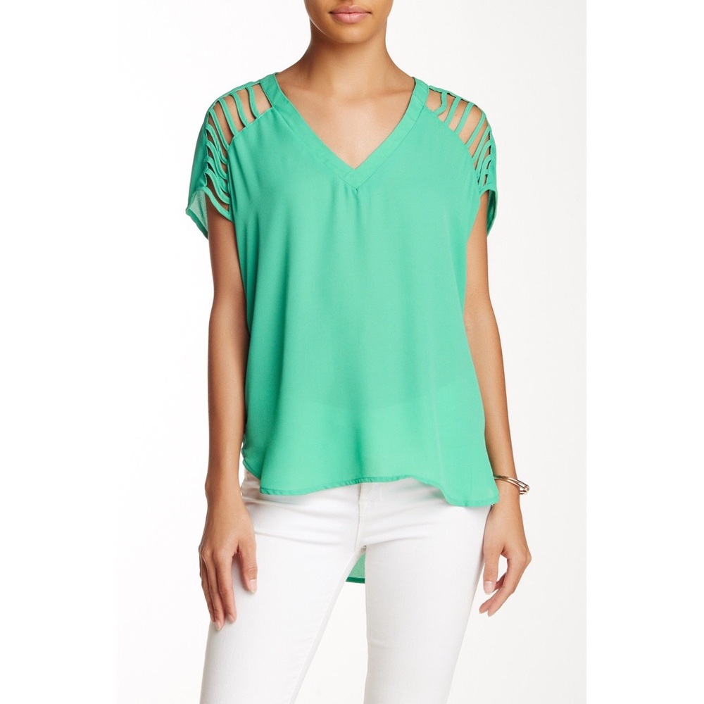 Lily White V-Neck Ladder Cutout Blouse - Emerald